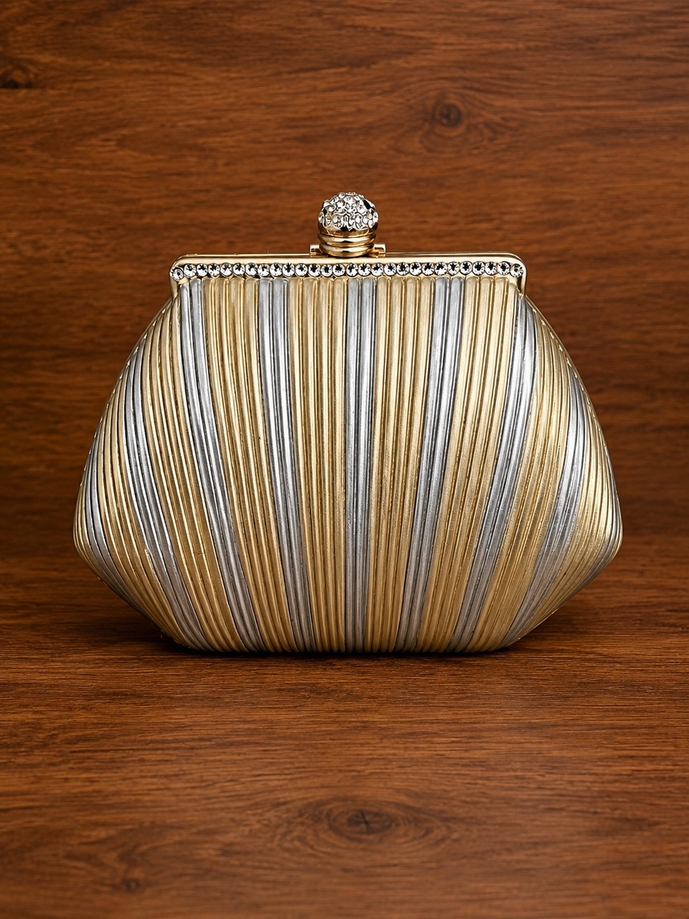 Gold and Silver Metallic Evening Clutch with Jeweled Clasp
